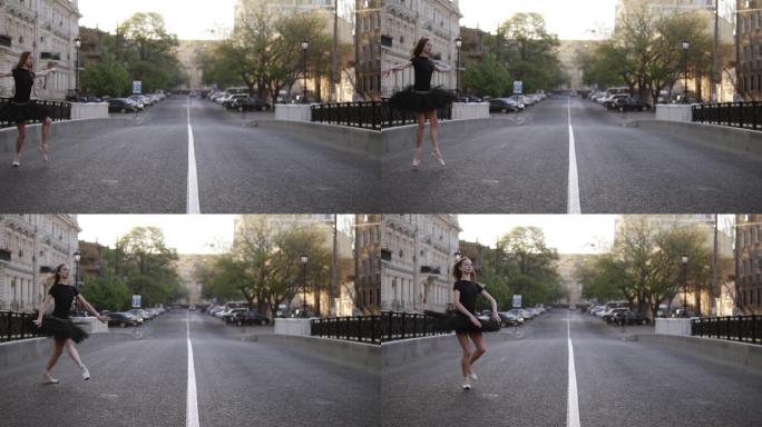 穿着芭蕾短裙和黑色T恤在街上练习的演员