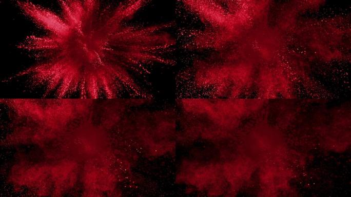 红色粉末在黑色背景上爆炸的慢动作