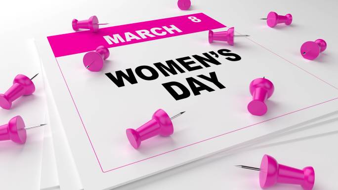白色背景上有粉色别针的粉色妇女节日历