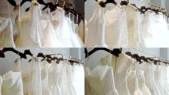衣架上的婚纱特写镜头。