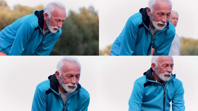 老年跑步锻炼停下来休息喘气