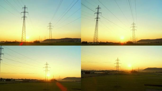 日落时电线塔的空中拍摄