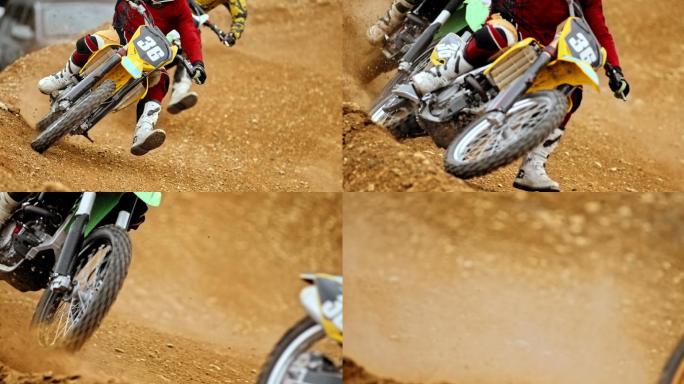 摩托车越野车手在泥土跑道上比赛