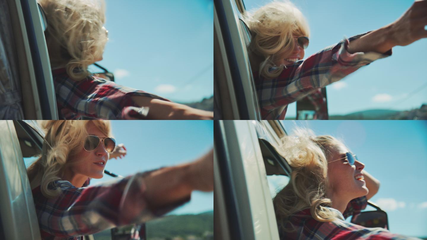 在公路旅行中，一个女人在车窗外挥手