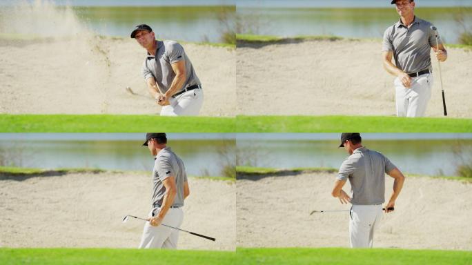 在沙坑外打球的男子高尔夫球手