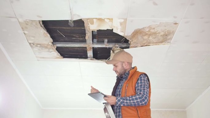 工匠修理因雨水渗漏损坏的天花板