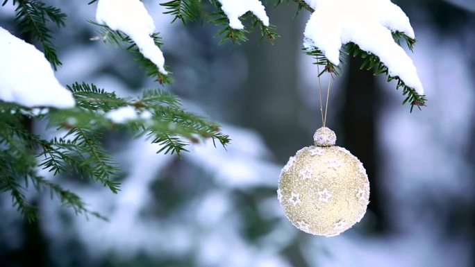 圣诞球挂在冬天的树上