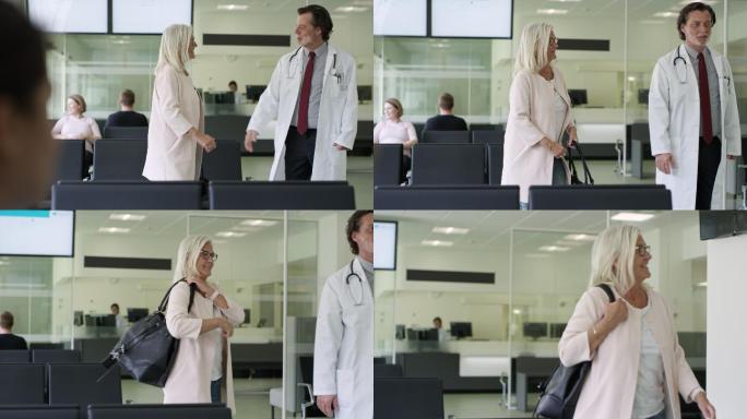 医生在候诊室和女人握手