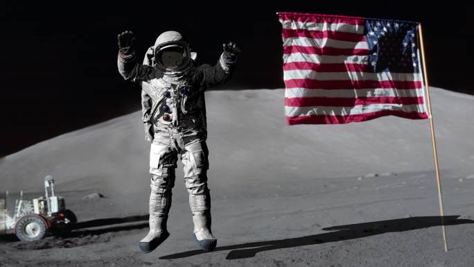 宇航员在月球上跳跃并向美国国旗致敬
