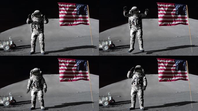 宇航员在月球上跳跃并向美国国旗致敬