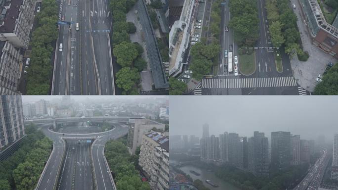 杭州大景建筑物城市航拍立交桥航拍公路航拍