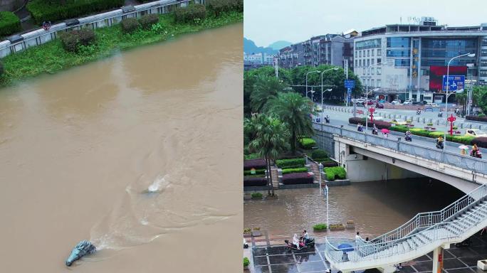 洪峰过境洪水高涨城市洪水桂林竖拍