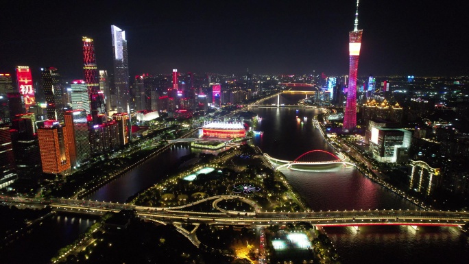 航拍5.4k广州海心桥夜景及广州塔珠江