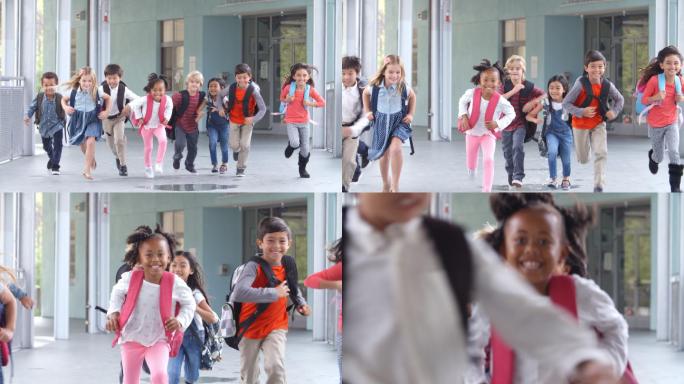 一群小学生在学校走廊里奔跑
