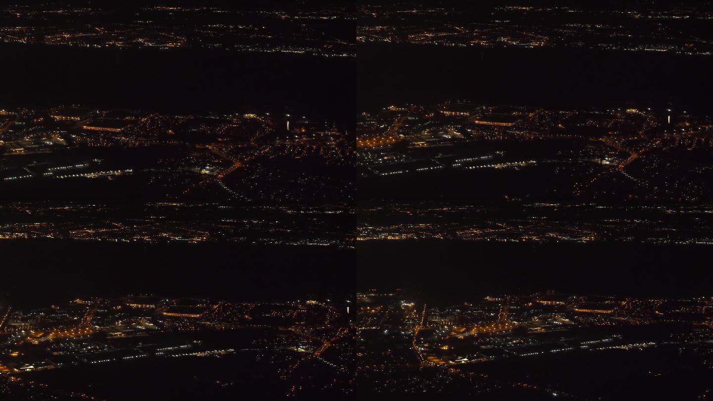 从降落的飞机上看利物浦城市灯光的夜景