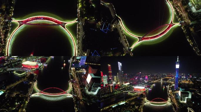 航拍5.4k广州海心桥夜景及广州塔珠周边