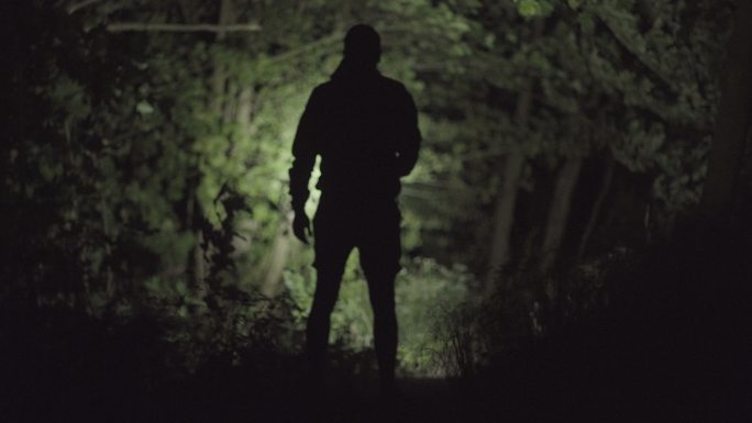 夜晚孤独地漫步在森林里