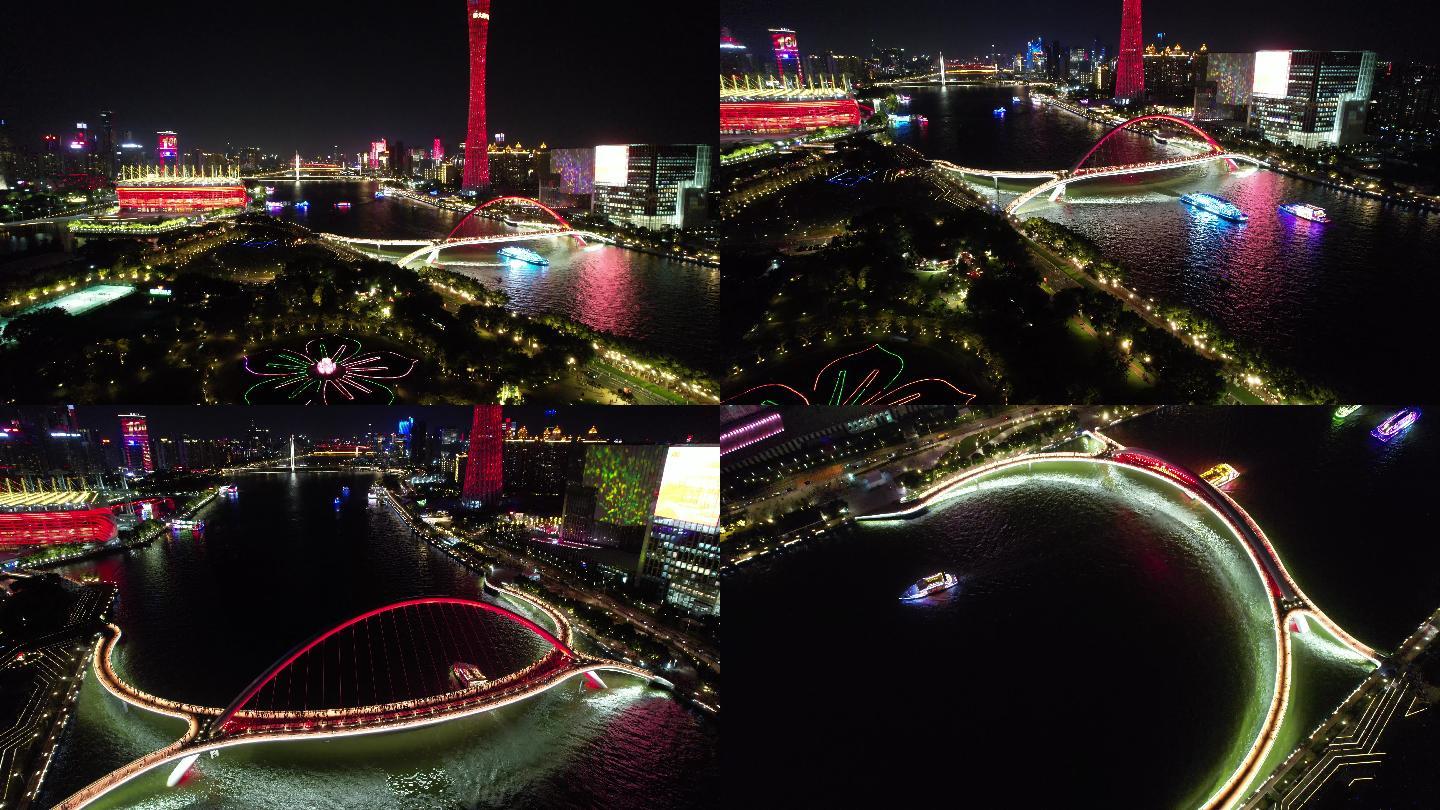 航拍5.4k广州海心桥夜景及广州大桥周边