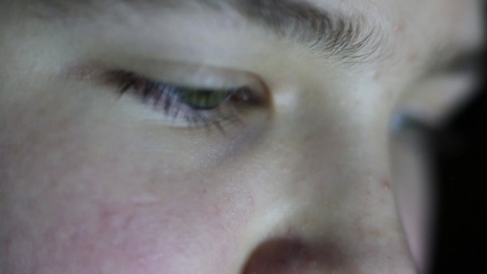 一个绿眼睛的男孩看着显示器。