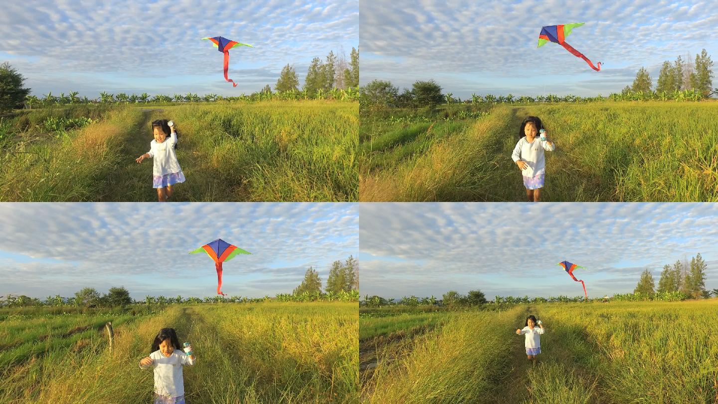 小女孩在田野中间放风筝。