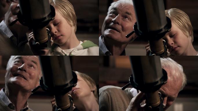 爷爷和孙子用望远镜看夜空