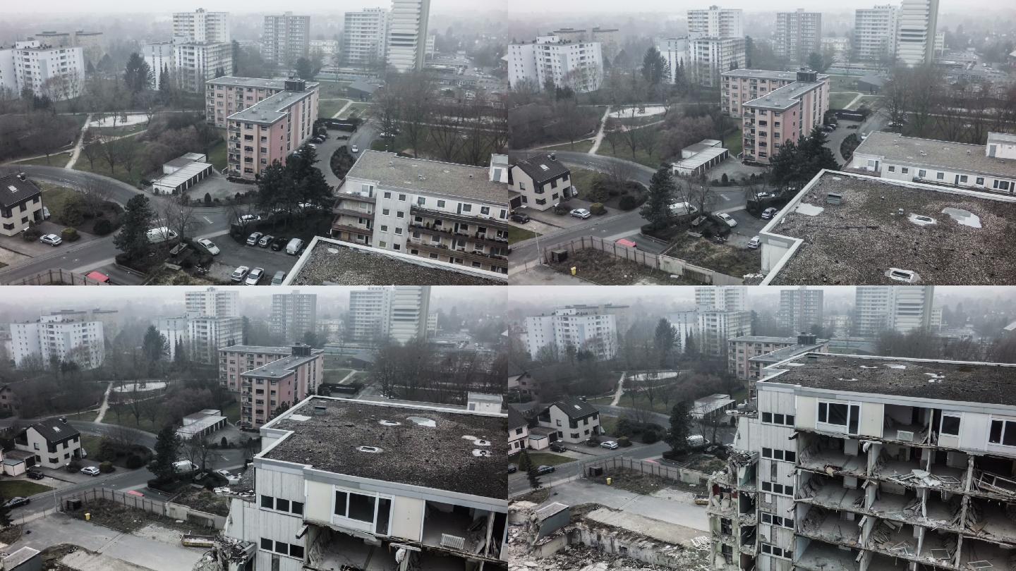 一栋被毁建筑的空中拍摄