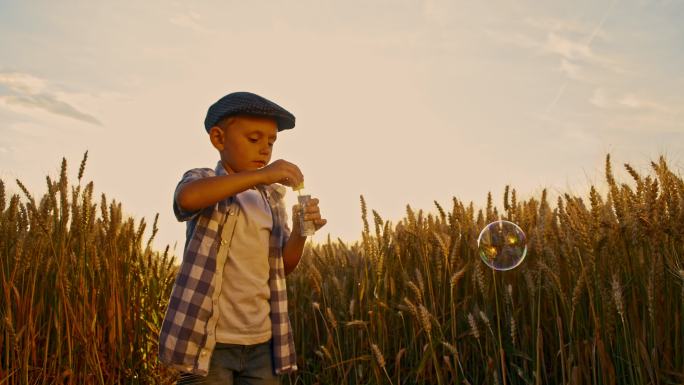 小男孩在玩泡泡棒小麦玩耍快乐
