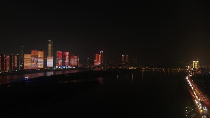 长沙一江两岸万达团组夜景灯光秀航拍