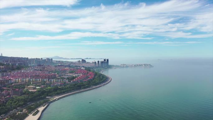 城市航拍、海景、海边、烟台地标、船