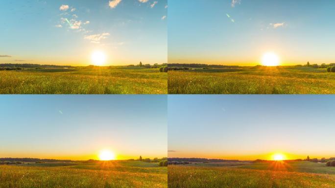 延时拍摄下的乡村景观和日落