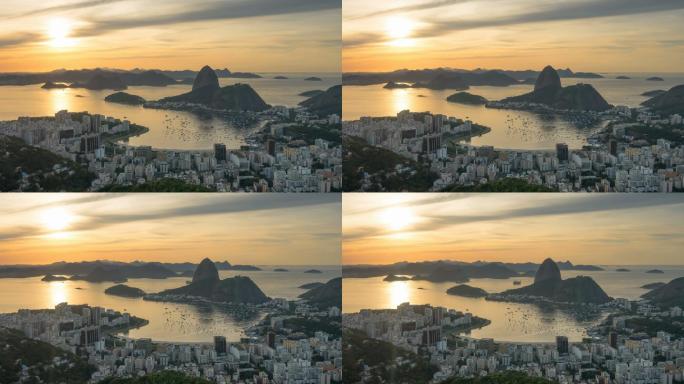 里约热内卢金色日落天空城市景观海湾全景