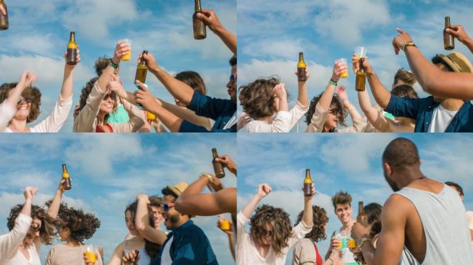 海滩上的聚会户外露营啤酒广告一群年轻人聚