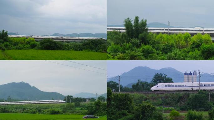 动车火车经过田野田间稻田