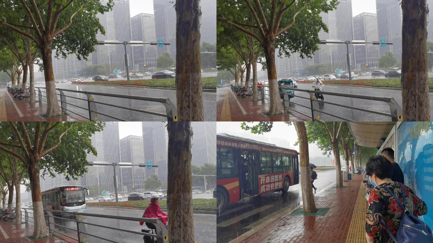 下雨天的公交站场景