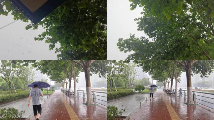 下雨天的街道行人空镜
