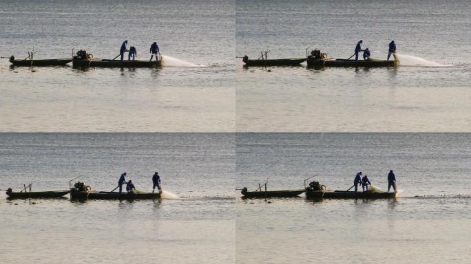 湖上捕鱼船渔民劳作电影感画面