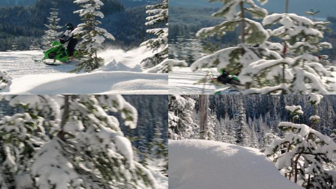 在冬季雪山上，快速的雪地摩托车驶过