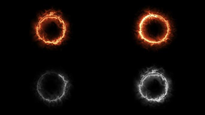 太阳环的红橙色火粒子圈与阿尔法背景。