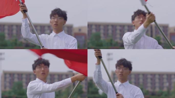 【4K】大学生帅哥舞动红旗舞动青春