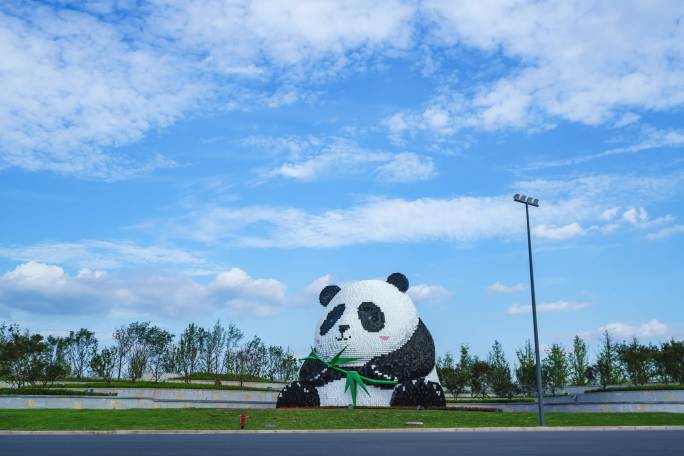 超萌成都天府国际机场网红熊猫雕塑延时4K