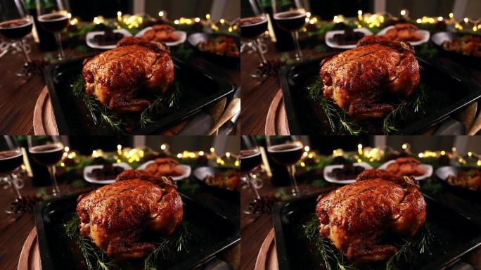 烤全鸡和其他配菜的节日晚餐圣诞节新