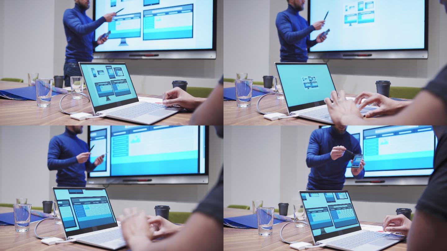 经理在屏幕上展示不同设备的网站设计