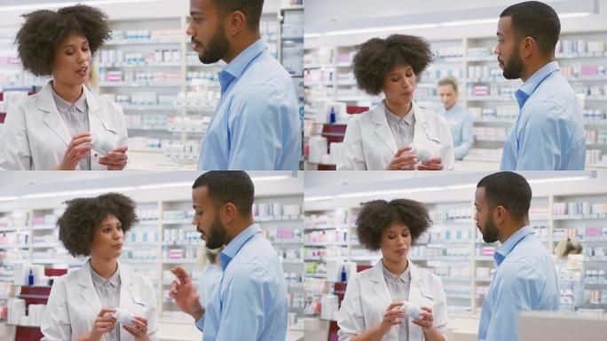 药店的女售货员建议一个年轻人补充维生素