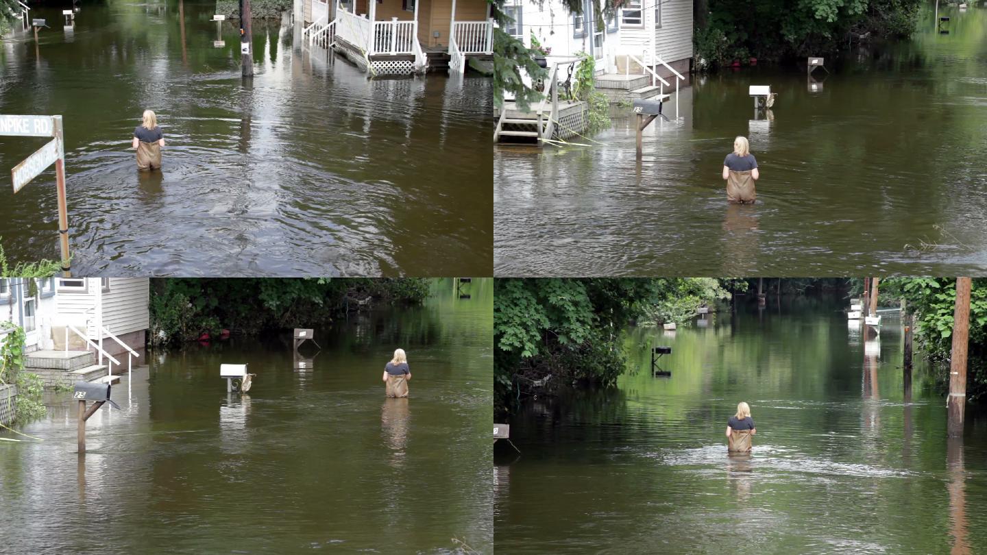 一个女人走过被洪水淹没的街区