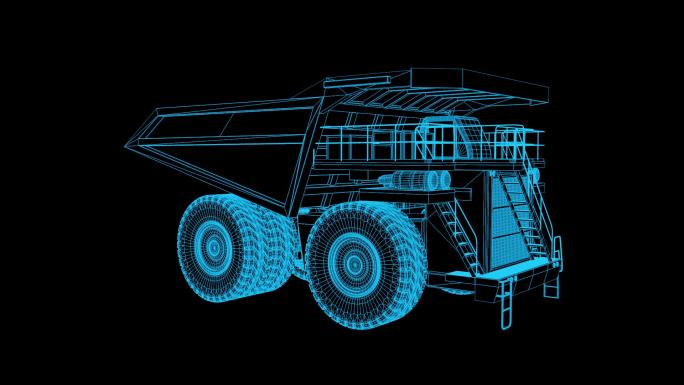 蓝色线框全息科技翻斗工程车动画带通道