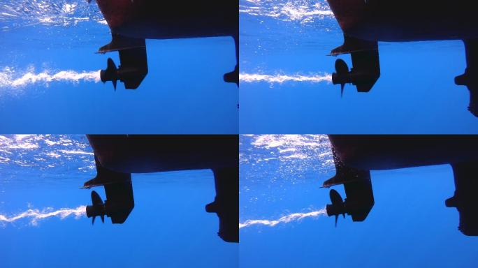 船螺旋桨引擎旋转的水下镜头