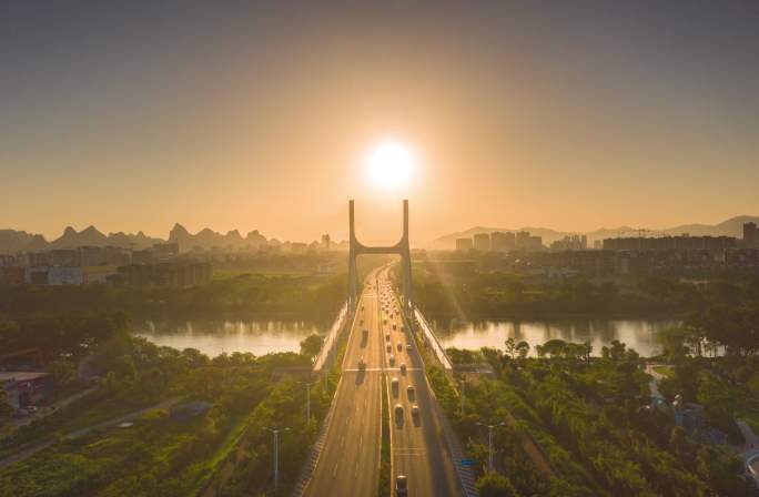 桂林南洲大桥日落航拍延时风景风光城市