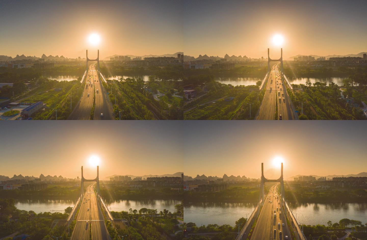 桂林南洲大桥日落航拍延时风景风光城市