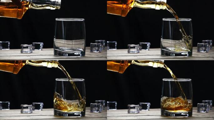 威士忌缓慢地倒进冰块杯子里