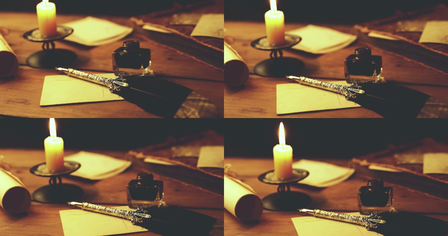 烛光下用羽毛笔和墨水写信